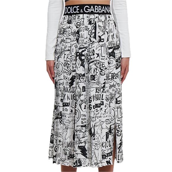 NWT Dolce & Gabbana White Graffiti Print Pleated Skirt IT 38 US XS - Picture 1 of 10